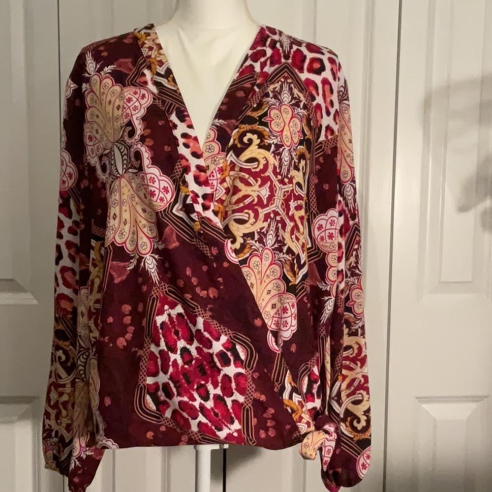 Burgundy  Multi Colored Long Sleeve Wrap Blouse